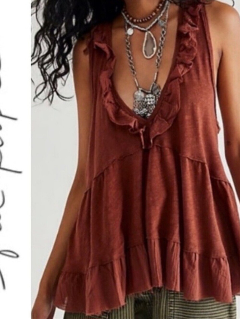 Free People “Out And About” Linen Blend Double Ruffle Babydoll Tank Top- XS